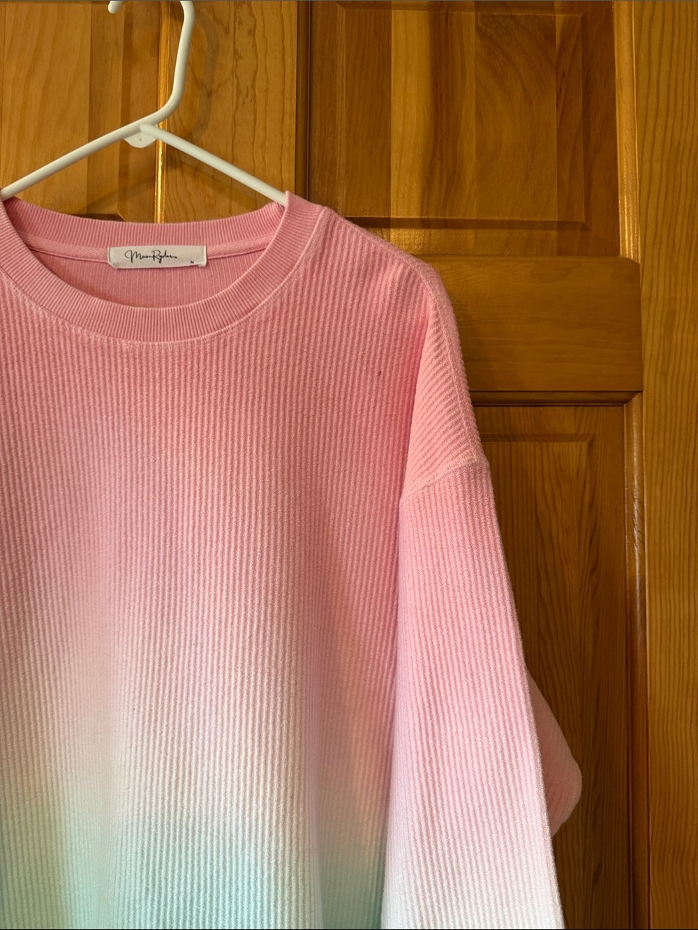 Pink to Mint Green Ombre Ribbed Crewneck Sweater